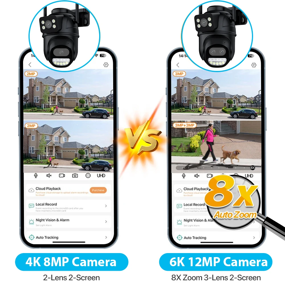 6K 12MP 야외 Wifi 카메라 PTZ 8X 광학 줌 3 렌즈 듀얼 스크린 비디오 감시 8MP 듀얼 렌즈 CCTV 보안 IP 카메라