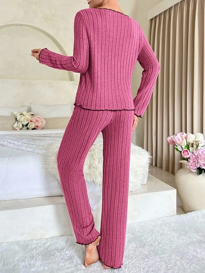 여성 가을 ​​겨울 잠옷 늑골이있는 잠옷 세트 긴 소매 탑과 긴 바지 2 조각 세트 캐주얼 Homewear Loungewear