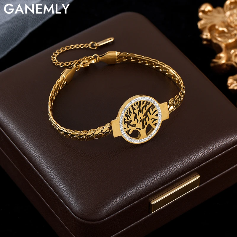 GANEMLY 316L 스테인레스 스틸 생명의 나무 여성을위한 팔찌 패션 18K 골드 도금 손목 체인 방수 보석 레이디 선물 title=GANEMLY 316L 스테인레스 스틸 생명의 나무 여성을위한 팔찌 패션 18K 골드 도금 손목 체인 방수 보석 레이디 선물 