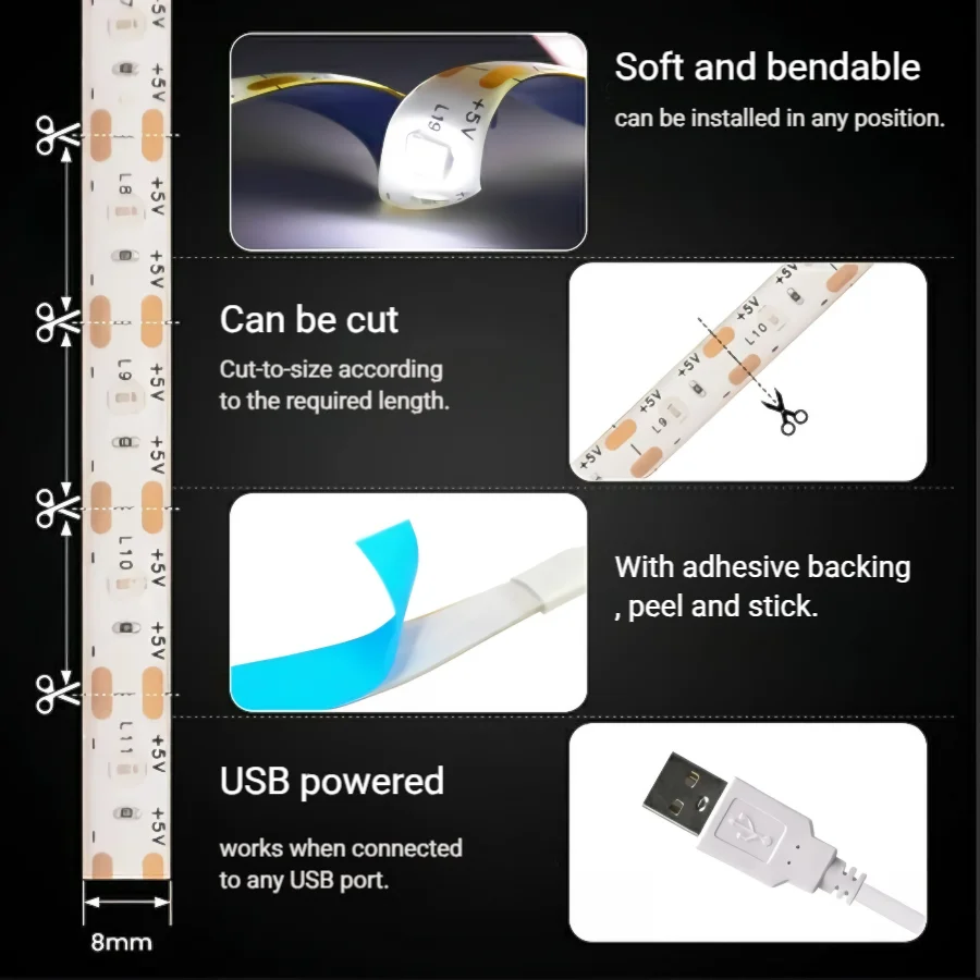 집 방 백라이트 용 스위치 장식 방수 테이프가있는 5V USB LED 스트립 조명 1M 2M 3M 5M 리본