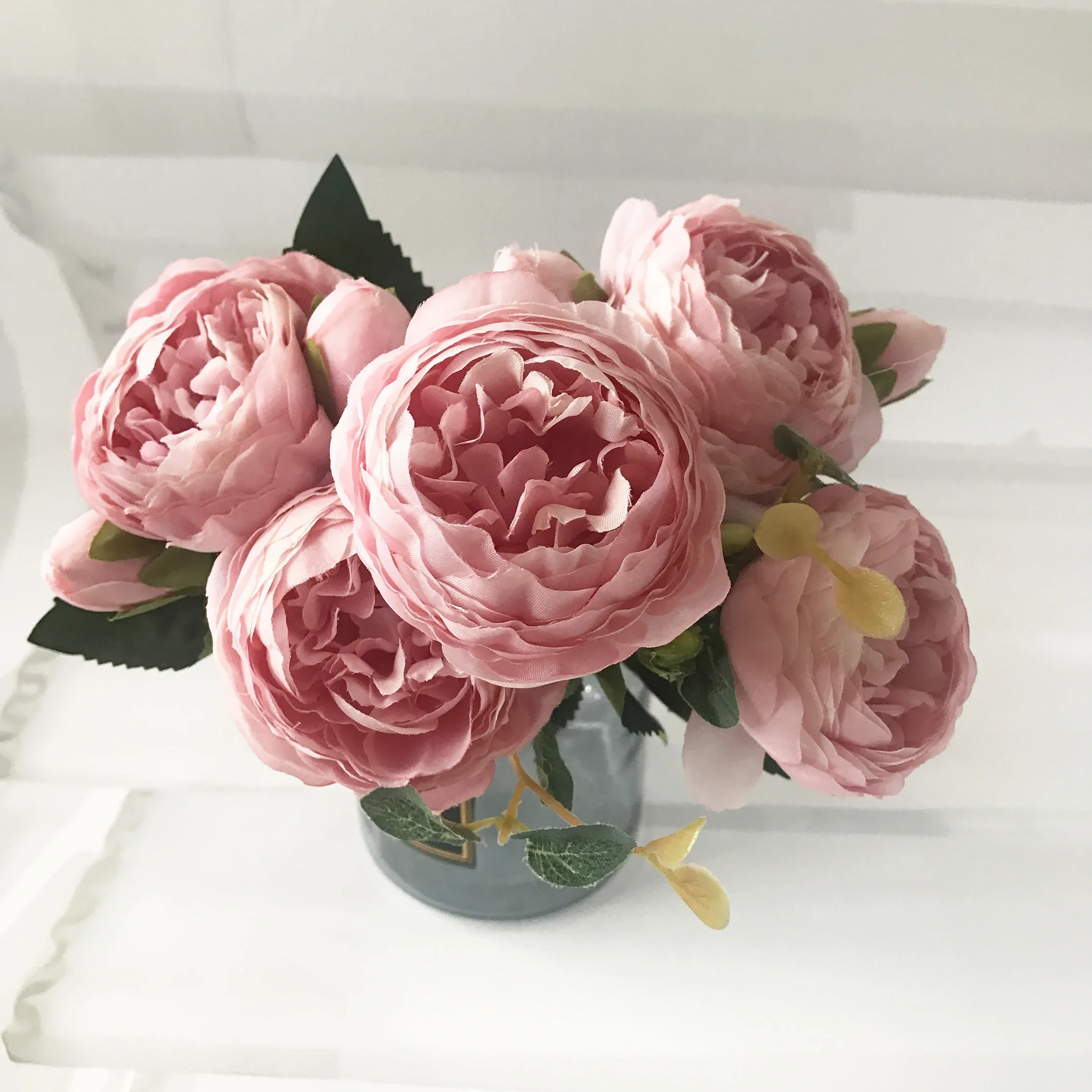 30cm 로즈 핑크 실크 모란 인공 꽃 꽃다발 5 큰 머리와 4 버드 홈 웨딩 장식 실내에 대한 저렴한 가짜 꽃