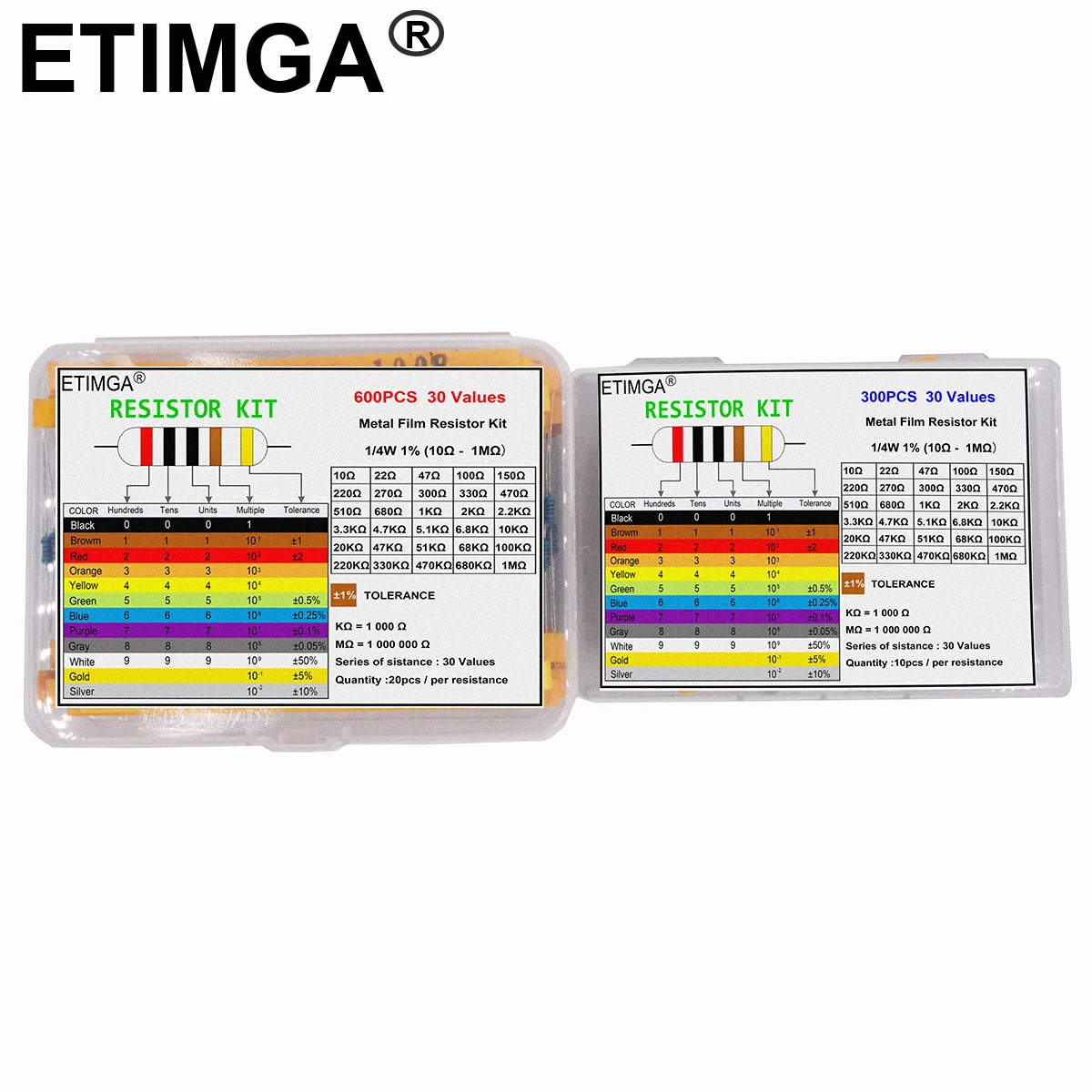 600/300PCS 1/4w 금속 필름 저항기 30 값 저항 키트 10R-1M 150R 680K 0.25W 1% 저항기 세트