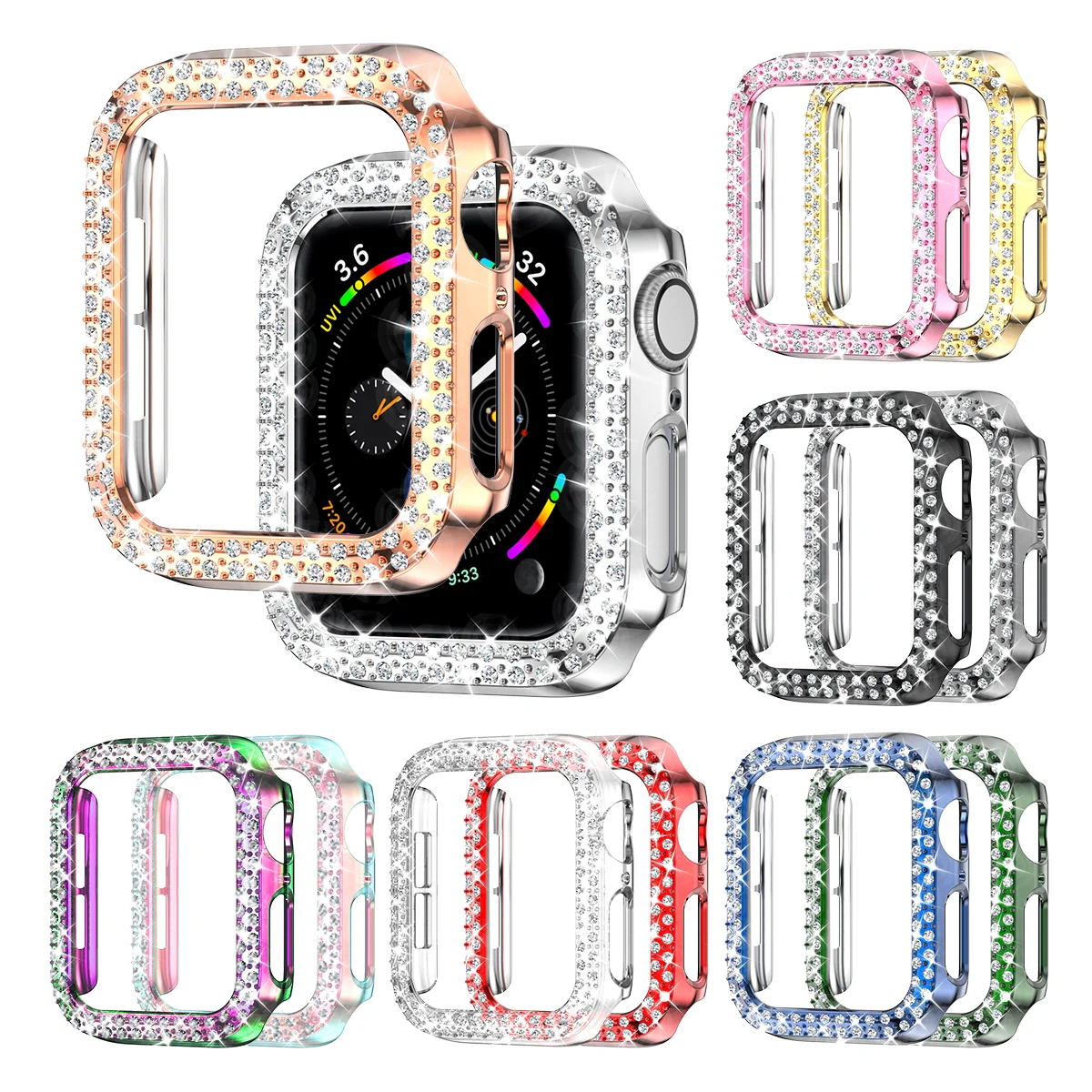 Apple Watch 시리즈 9 8 7 6 5 4 3 2 1 SE(화면 없음), 여성용 글리터 라인스톤 보호 프레임용 블링 케이스. title=Apple Watch 시리즈 9 8 7 6 5 4 3 2 1 SE(화면 없음), 여성용 글리터 라인스톤 보호 프레임용 블링 케이스. 