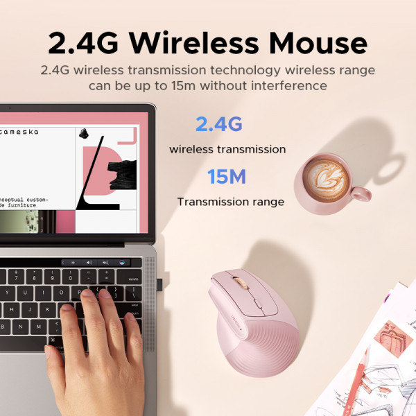UGREEN 맥북 태블릿 노트북용 수직 무선 마우스, 인체 공학적 4000DPI 6 음소거 버튼, 컴퓨터 PC 마우스, 블랙 핑크, 2.4G