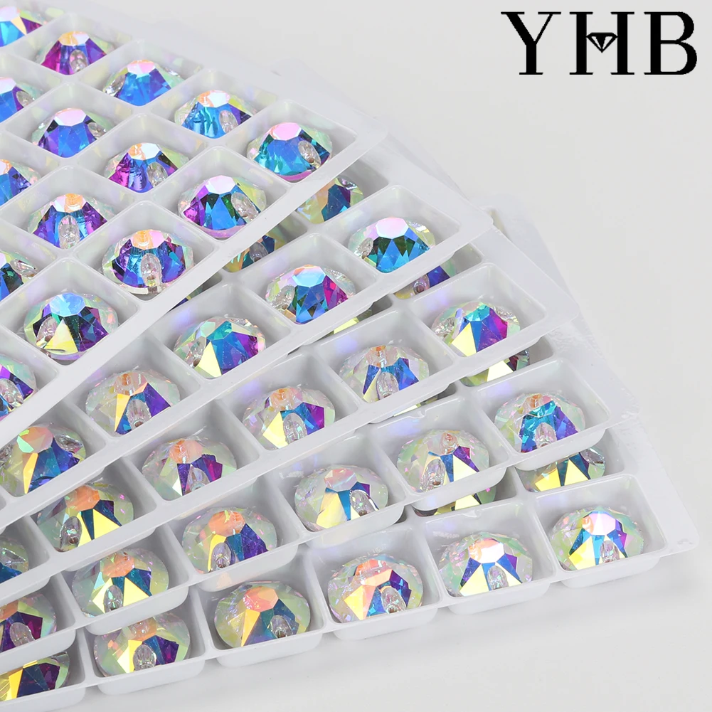 YHB 최고 품질 XIRIUS 유리 크리스탈 AB 달빛 바느질 돌 플랫 백 의류 의류 가방에 대한 라인 석에 바느질