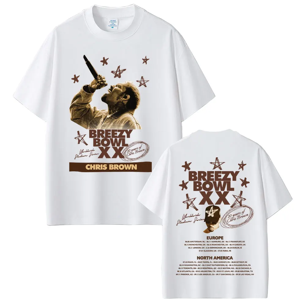 랩퍼 크리스 브라운 Breezy Bowl XX 투어 2025 티셔츠 남성 여성 힙합 패션 팝 음악 티셔츠 캐주얼 코튼 빈티지 티셔츠