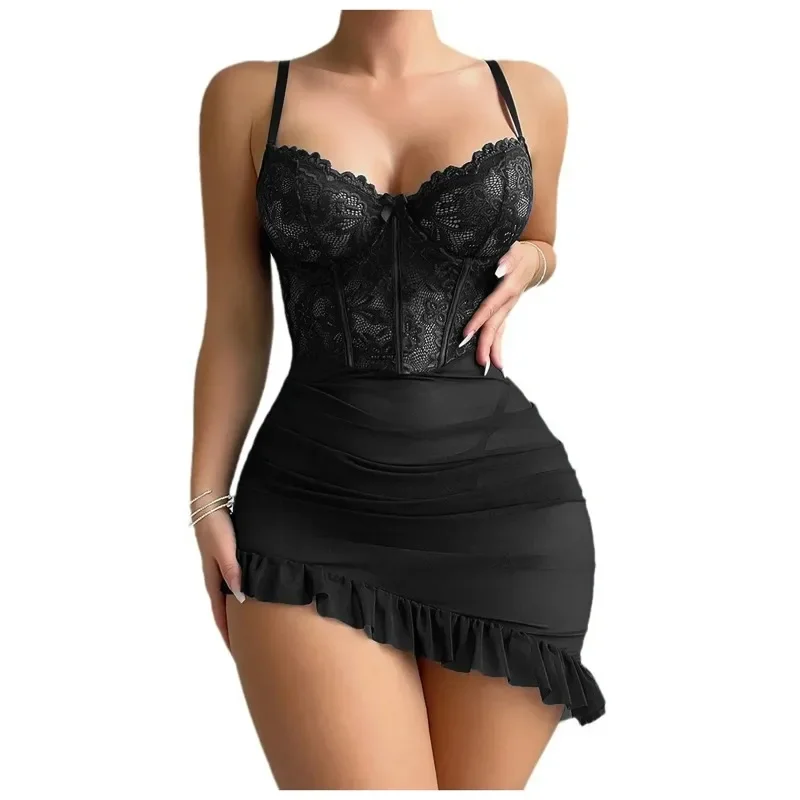 투명 Underwire 브래지어 에로틱 세트 섹시한 요정 란제리 여성 레이스를 통해 볼 Nightdress 잠옷 세트 섬세한 섹시한 Nighty