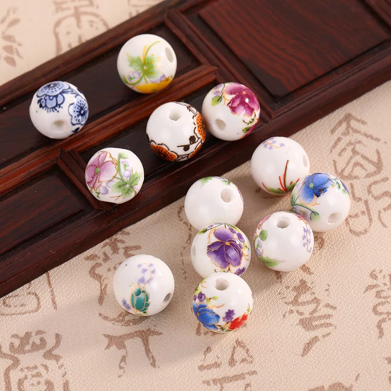 10pcs 라운드 6mm 8mm 10mm 12mm 꽃 패턴 세라믹 도자기 느슨한 스페이서 비즈 쥬얼리 만들기 DIY 팔찌 결과 만들기