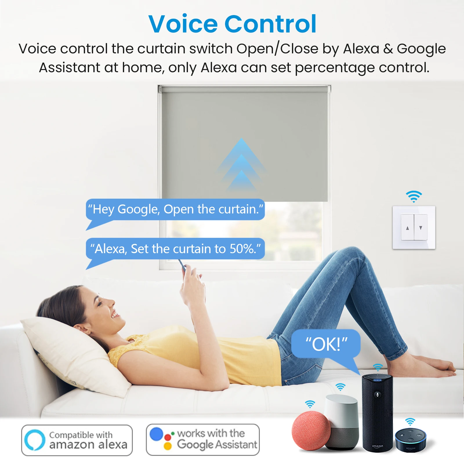 LoraTap Tuya 스마트 롤러 셔터 커튼 블라인드 스위치 관형 모터 백분율 Google 홈 Alexa의 원격 음성 제어
