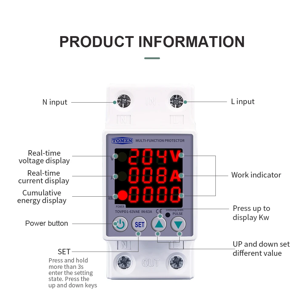 60a 230 v din 레일 과전류 보호 전압계가있는 과전압 보호 장치 보호 장치 릴레이 조절 가능