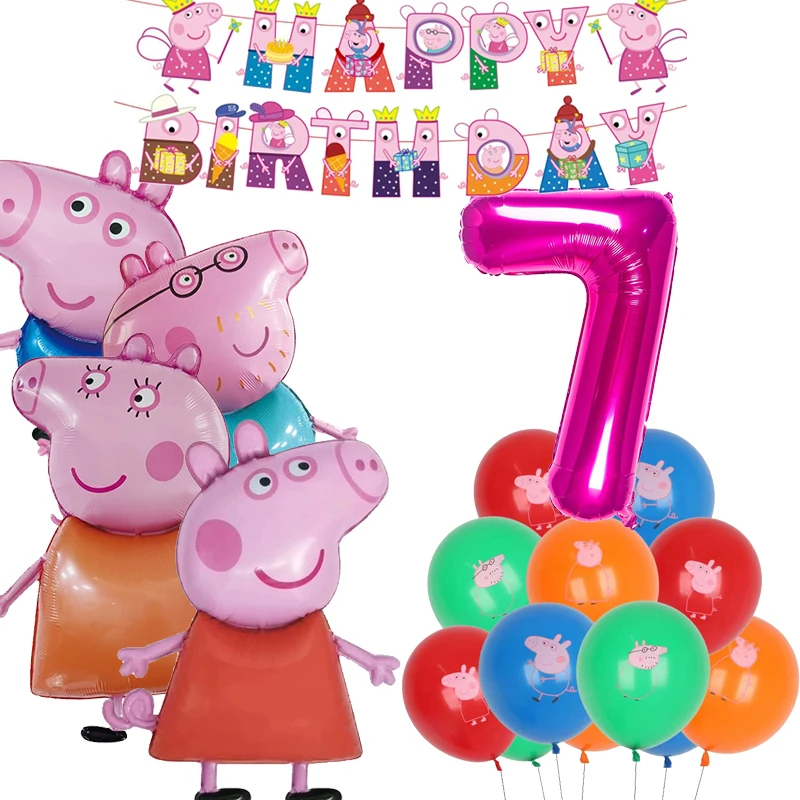 새로운 Peppaed 돼지 어린이 생일 기사 스피커 저녁 식사 접시 종이컵 플래그 파티 어린이 생일 가족 파티 선물 ﻿