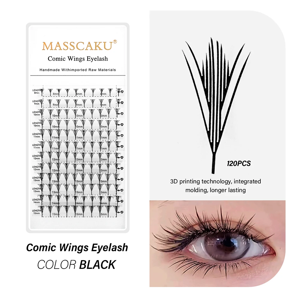 MASSCAKU 푹신한 코믹 스파이어 속눈썹 C/D 컬 0.05mm 깃털 모양의 미리 만들어진 팬 만화 요정 속눈썹 접목 용이