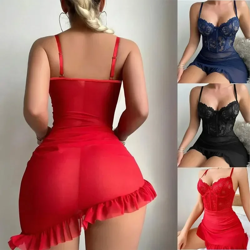 투명 Underwire 브래지어 에로틱 세트 섹시한 요정 란제리 여성 레이스를 통해 볼 Nightdress 잠옷 세트 섬세한 섹시한 Nighty