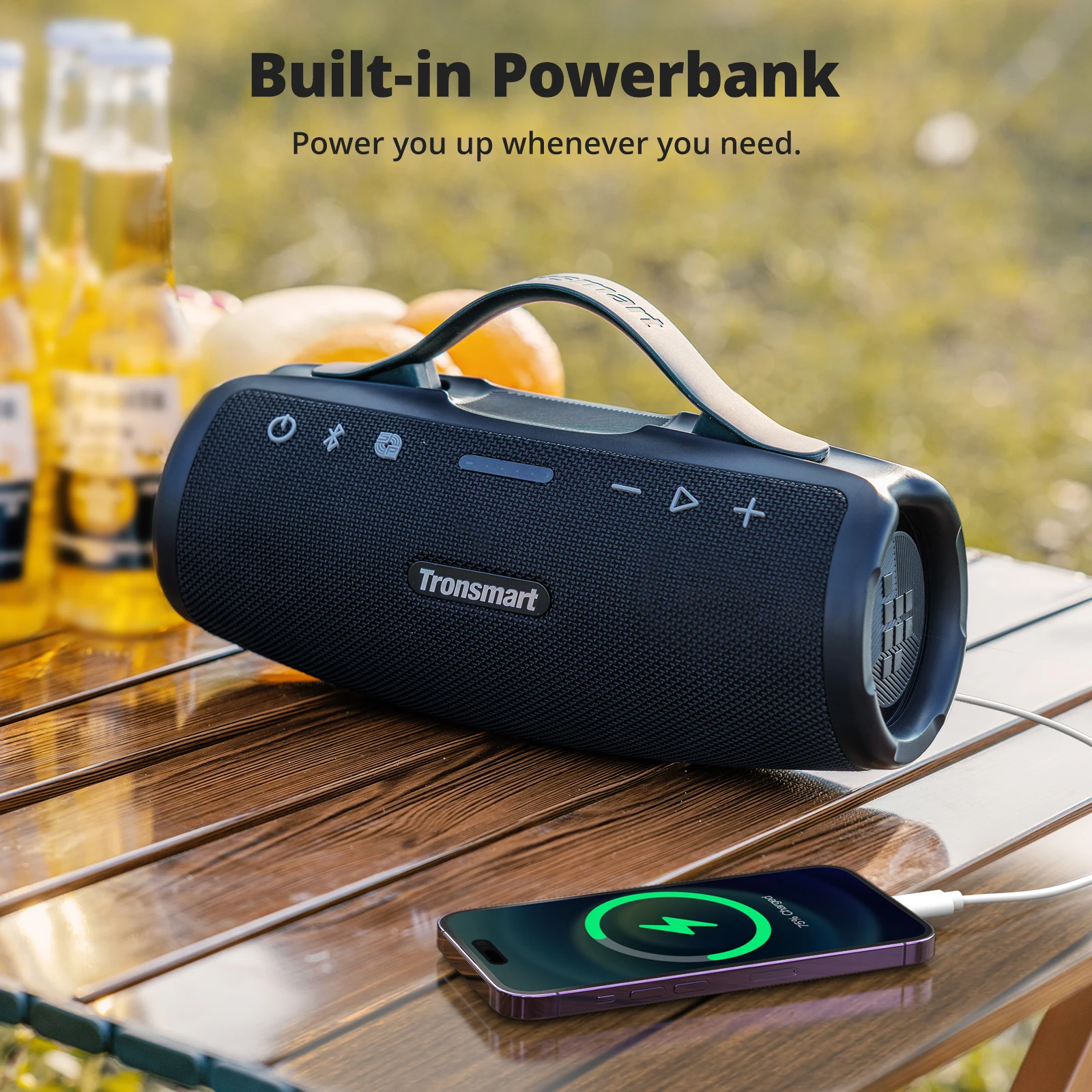 Tronsmart Mirtune S100 스피커 50W 블루투스 스피커, IPX7 방수, 앱 제어, 내장 파워뱅크 및 접이식 핸들