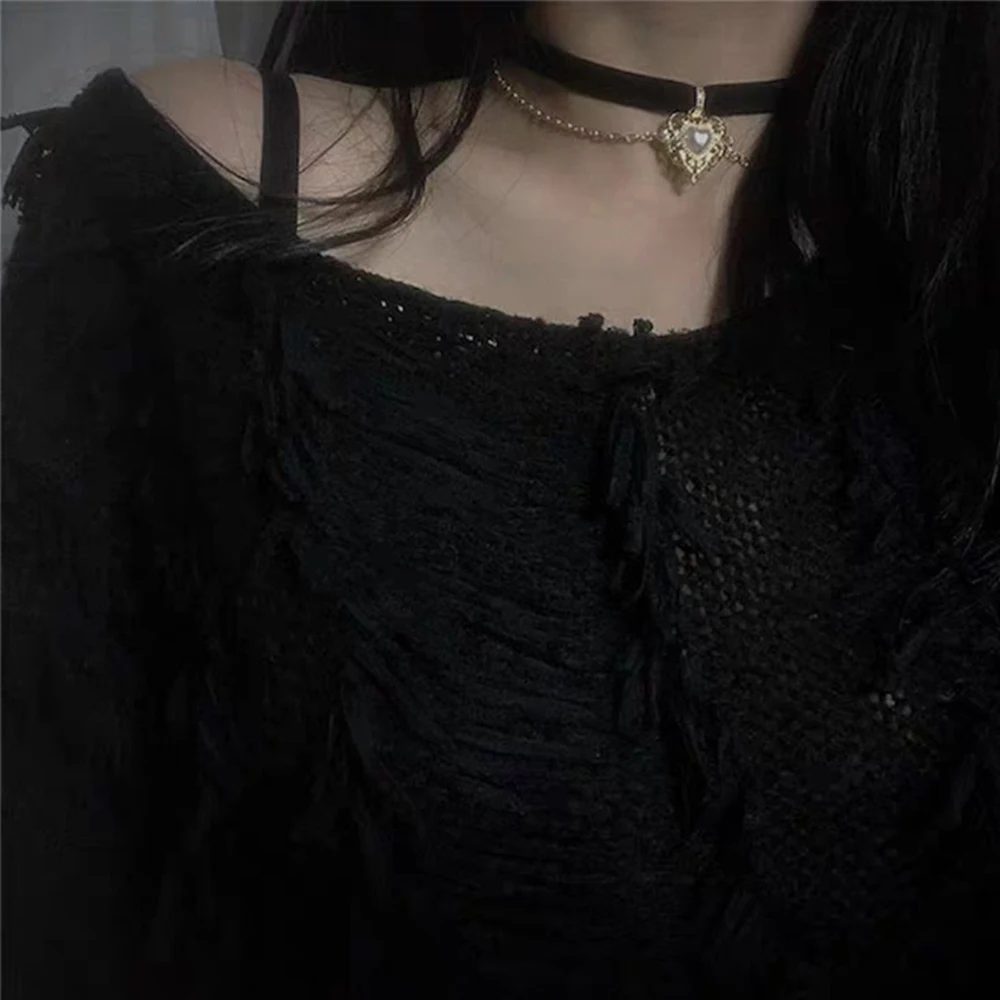 빈티지 벨벳 블랙 초커 러브 하트 펜던트, 모조 진주, 짧은 체인 목걸이, 여자 선물, 파티