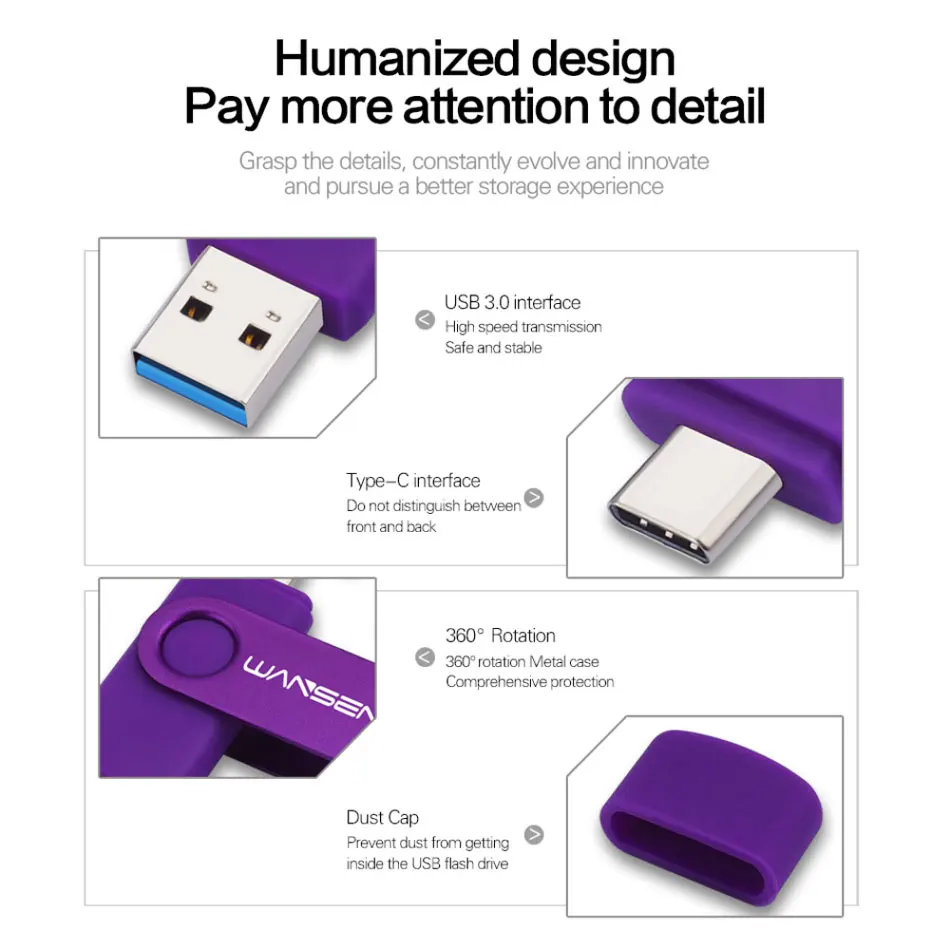 Wansenda USB 플래시 드라이브 512GB 256GB USB 3.0 펜 드라이브 128GB Cle USB 스틱 유형 C Android/PC 64GB Pendrive 32GB Memoria USB