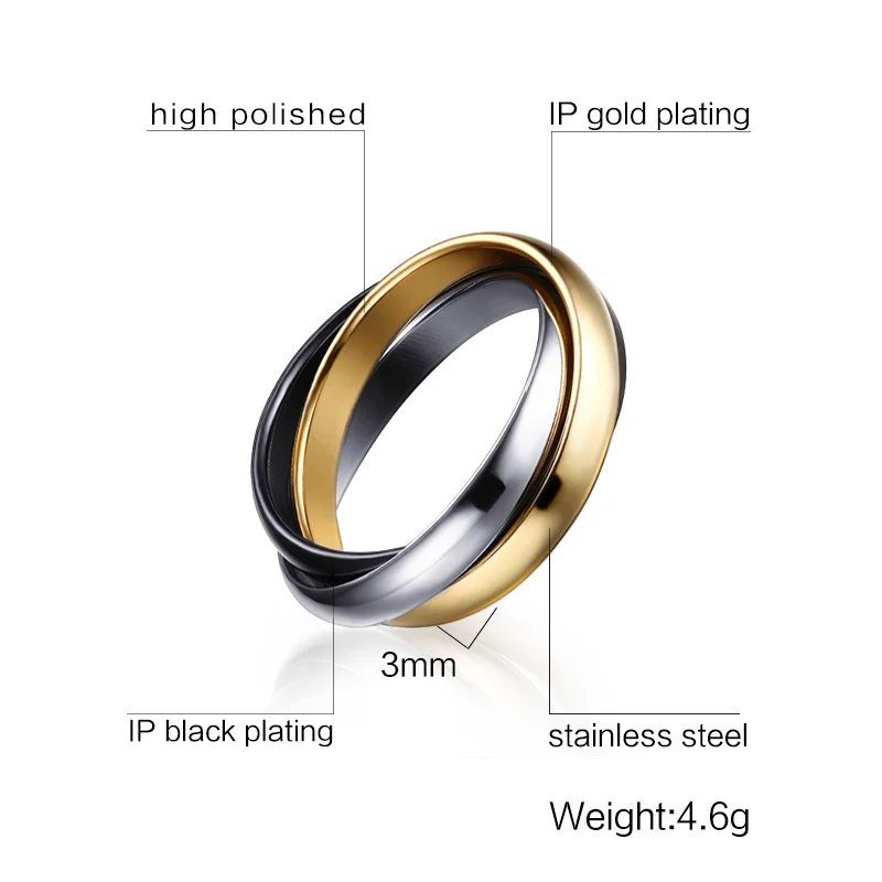 여성을위한 스테인레스 스틸 연동 트리플 링 멀티 컬러 웨딩 밴드 Bague Three in One
