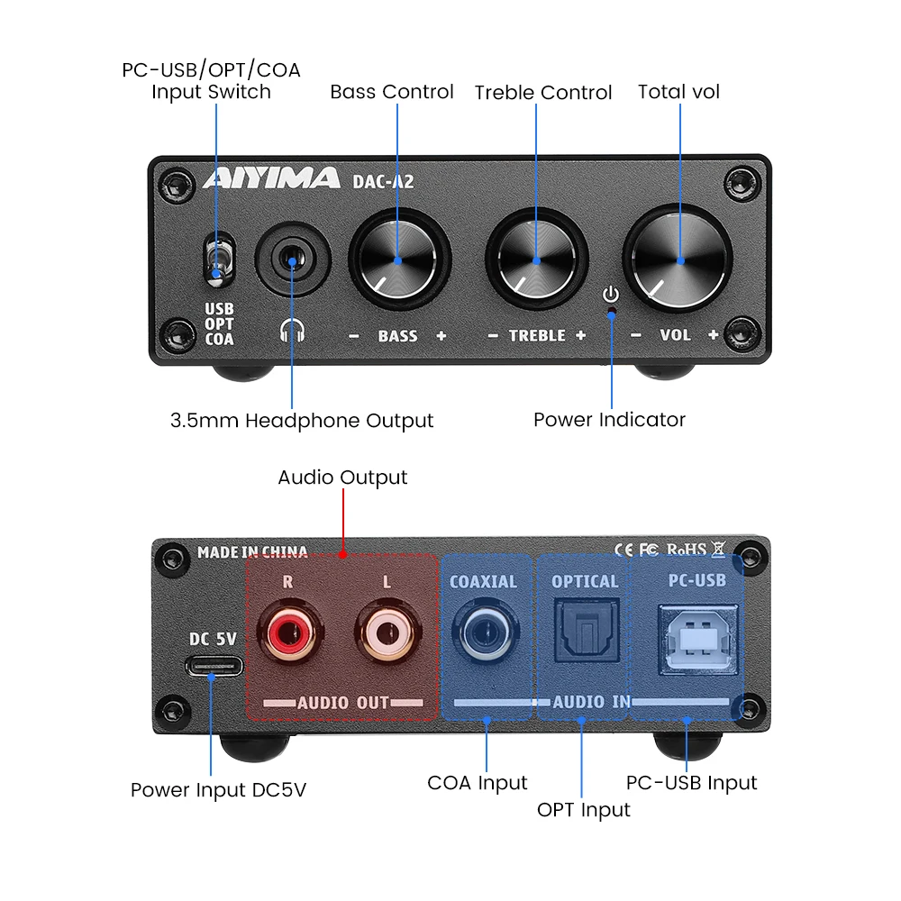 AIYIMA DAC-A2 하이파이 오디오 디코더 USB 헤드폰 앰프, 동축 광 출력, 스테레오 게이밍 DAC, 앰프 액티브 스피커용