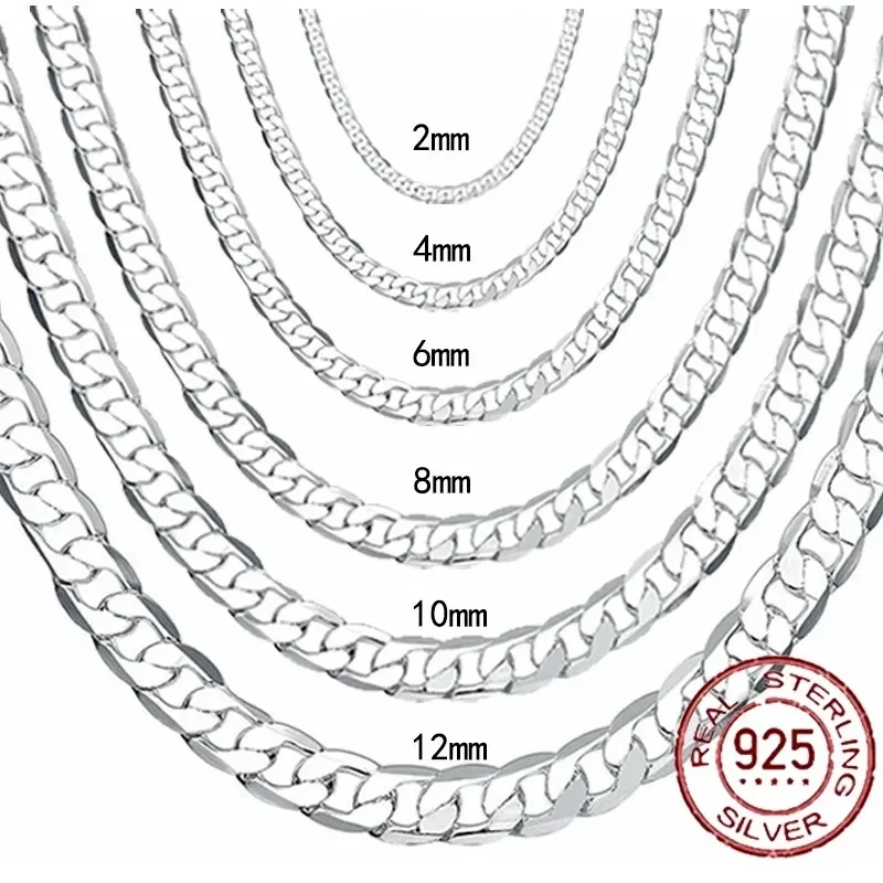 남자 925 스털링 실버 목걸이 2/4/6/8/10/12MM 40-75cm 페이스 체인 목걸이 랍스터 걸쇠 남자와 여자 약혼 보석
