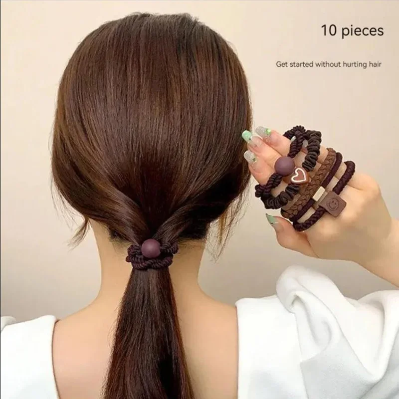 10PCS 여성 헤어 링 세트 헤어 액세서리 고탄성 가죽 밴드 간단한 기질 높은 포니 테일 내구성 새로운 스타일