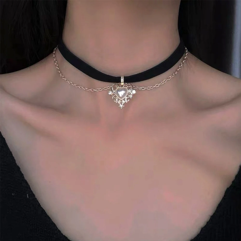 빈티지 벨벳 블랙 초커 러브 하트 펜던트, 모조 진주, 짧은 체인 목걸이, 여자 선물, 파티 title=빈티지 벨벳 블랙 초커 러브 하트 펜던트, 모조 진주, 짧은 체인 목걸이, 여자 선물, 파티 