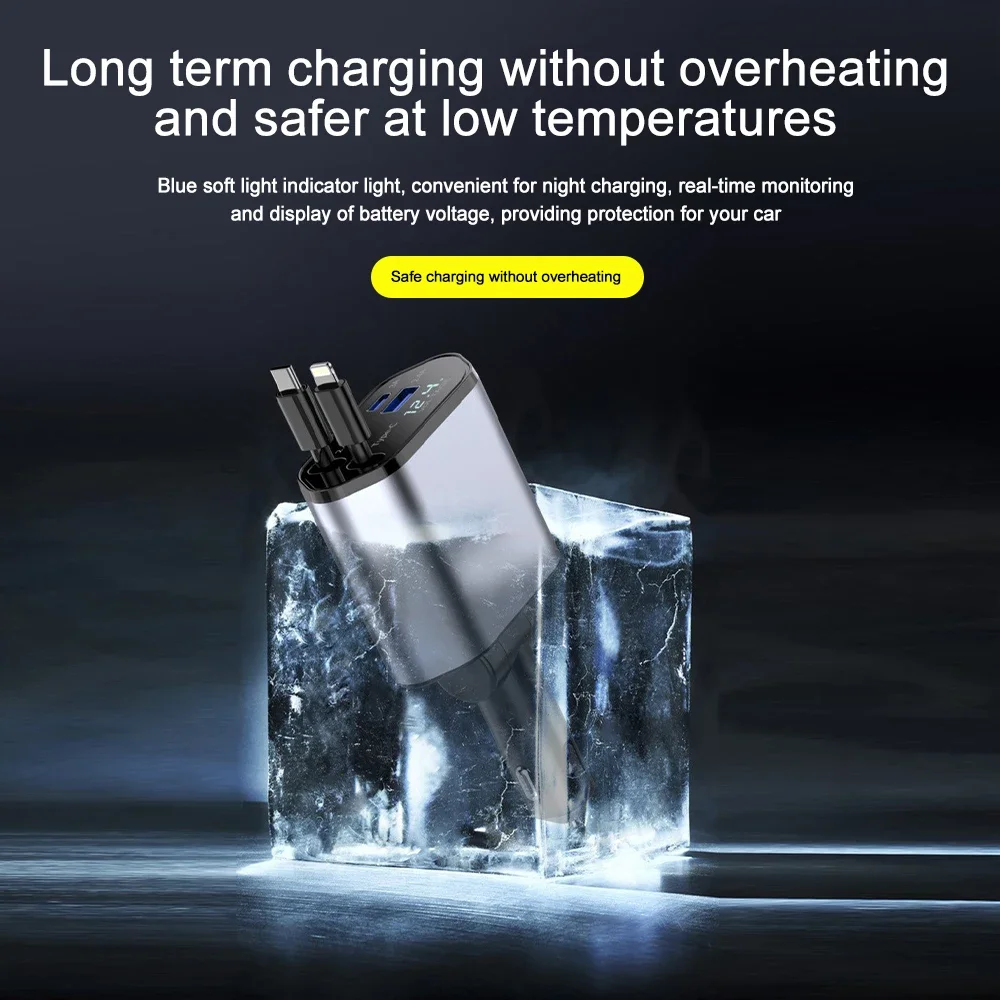 차량용 충전기 어댑터 120W 고속 충전 USB 유형 C 고속 충전기 케이블(접이식 코드 포함) iPhone 16/15/14/13/12 Samsung에 적합