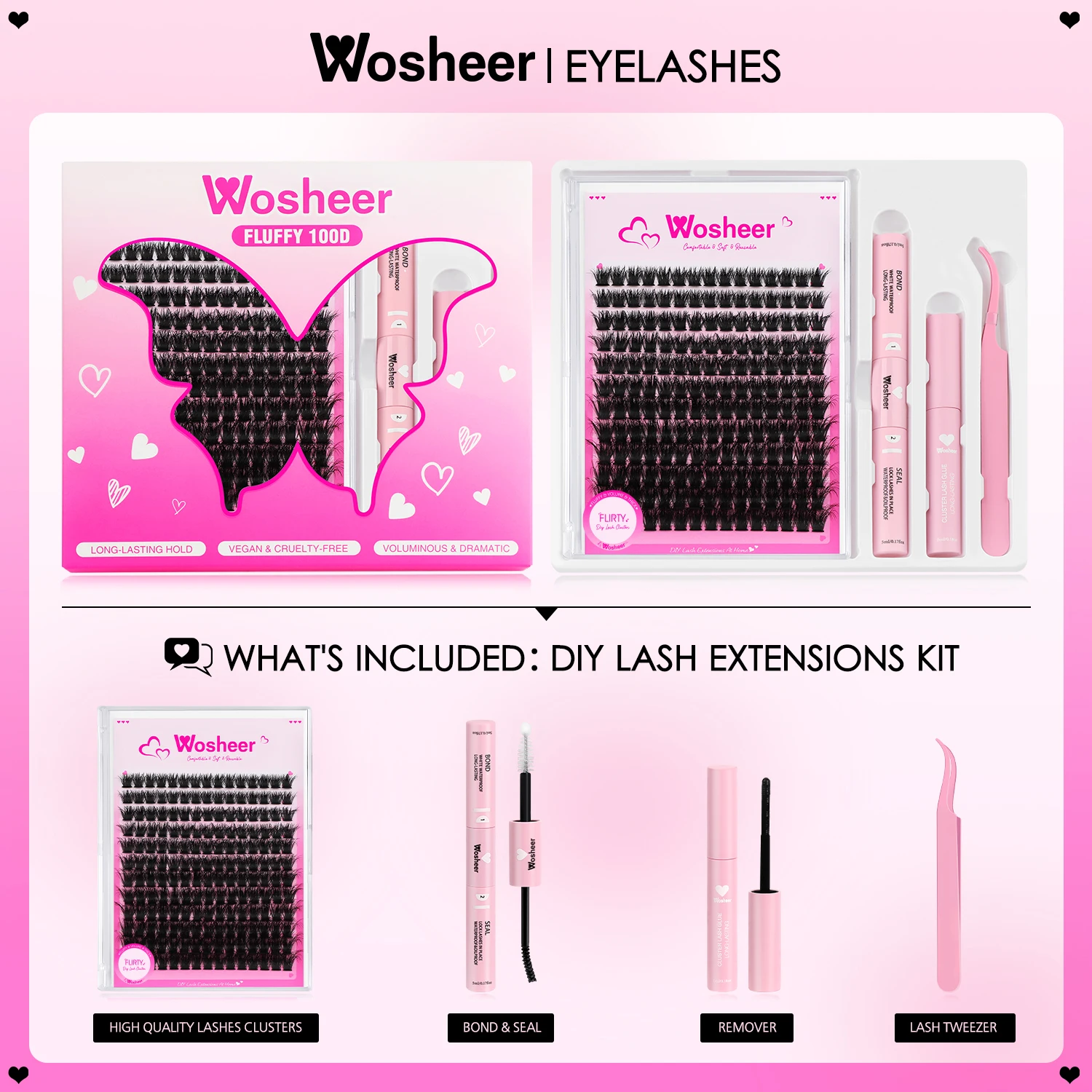 WOSHEER 속눈썹 클러스터 키트 푹신한 개별 속눈썹 래쉬 본드 및 씰 및 리무버 가짜 밍크 속눈썹 속눈썹 연장 DIY
