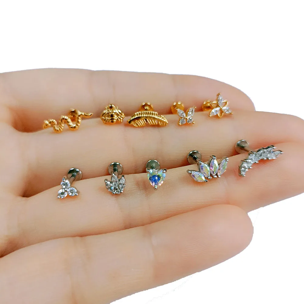꽃 달 나비 Labret 스터드 크로스 클로 리프 Daith Conch 스터드 귀걸이 크라운 CZ 립 내부 스레드 피어싱 외과 강철