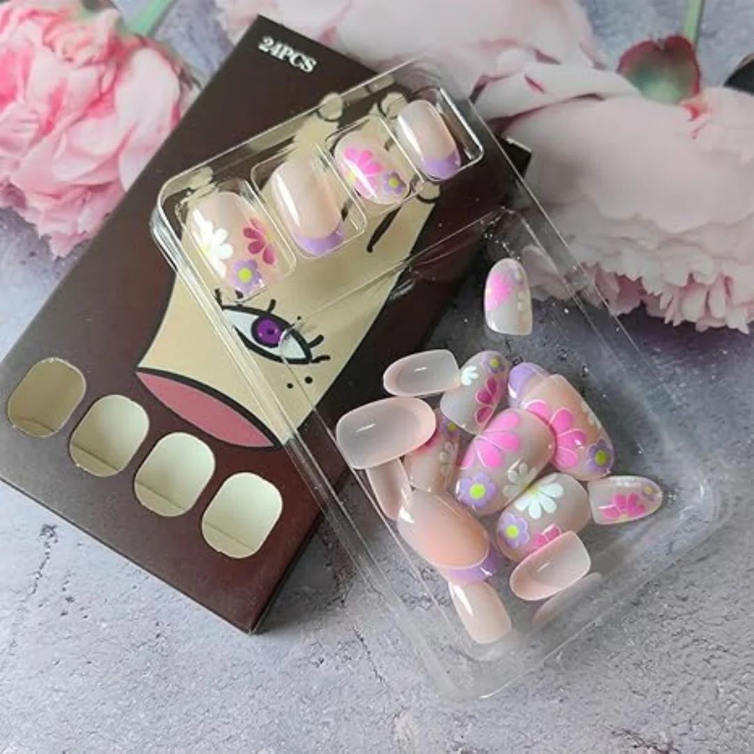 24Pcs 짧은 아몬드 프레스 온 손톱 핑크 꽃 프렌치 팁 광택 & 우아한 풀 커버 가짜 손톱 여성용 & 소녀 봄, 데일리웨어