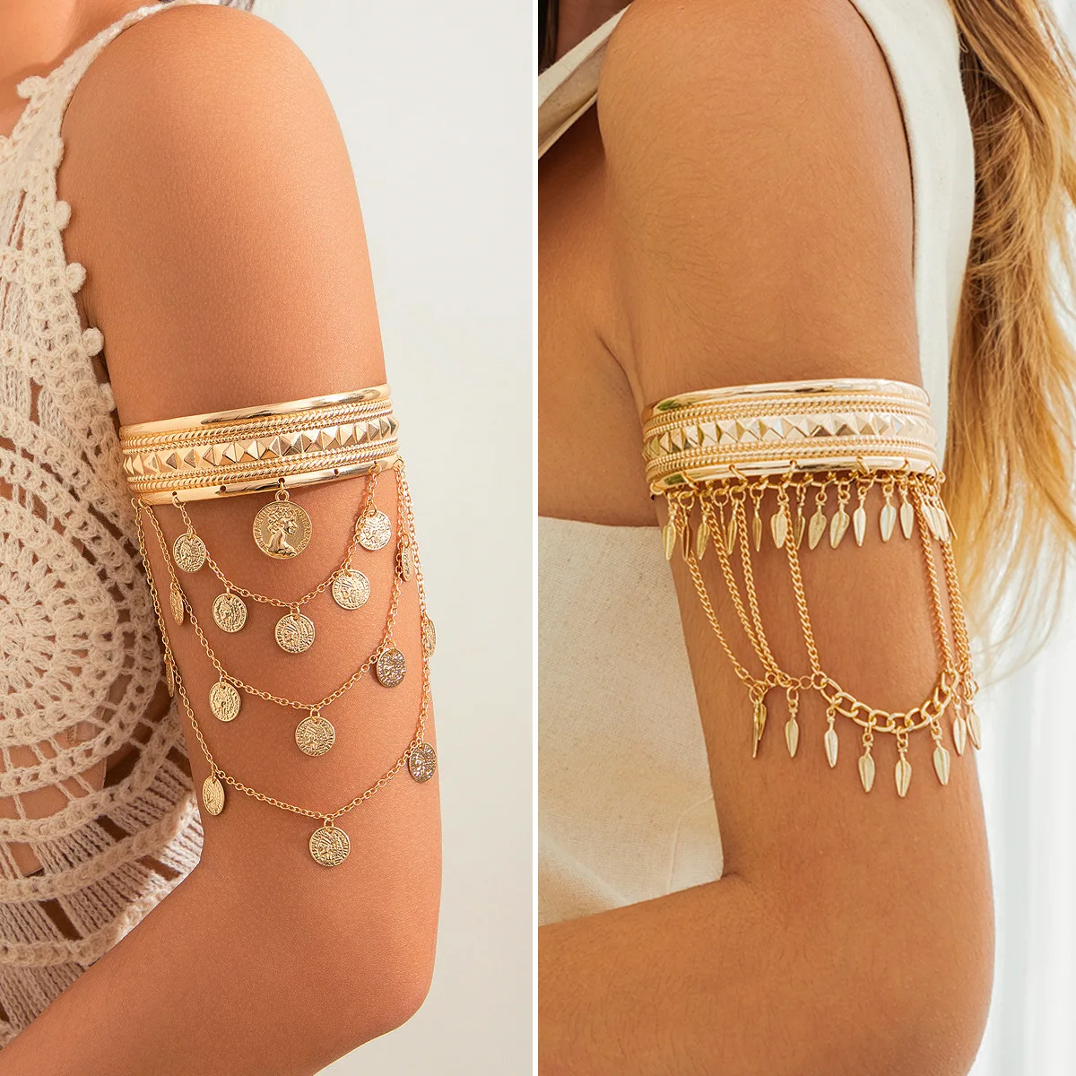 새로운 트렌디 한 황금 금속 동전 잎 체인 술 어퍼 팔 팔찌 커프 팔찌 Armlet 완장 남성 여성 쥬얼리 액세서리