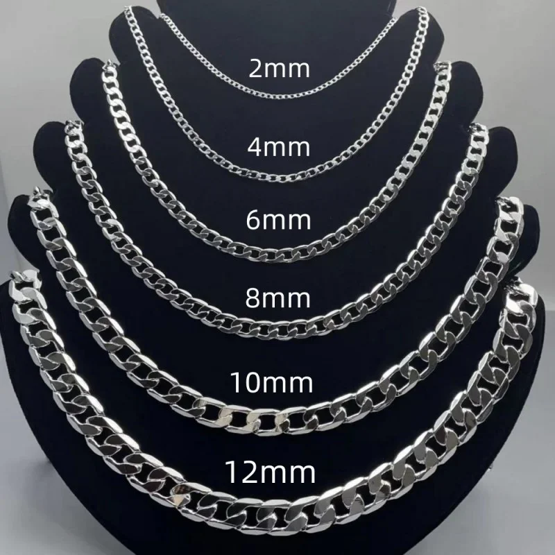 남자 925 스털링 실버 목걸이 2/4/6/8/10/12MM 40-75cm 페이스 체인 목걸이 랍스터 걸쇠 남자 여자 약혼 보석 선물