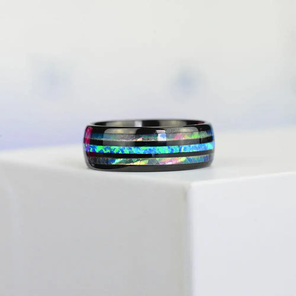 패션 8mm 로즈 골드 컬러 텅스텐 웨딩 남자 스테인레스 스틸 반지 상감 전복 쉘 블루 오팔 반지 남자 웨딩 쥬얼리