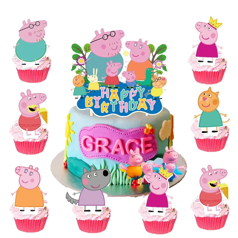 새로운 Peppaed 돼지 어린이 생일 기사 스피커 저녁 식사 접시 종이컵 플래그 파티 어린이 생일 가족 파티 선물 ﻿