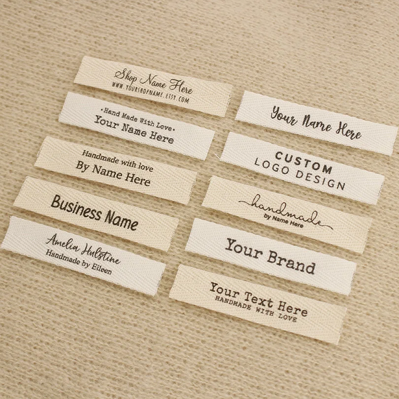 12x60mm 맞춤형 능직 라벨 - 맞춤형 브랜드, 유기농 면 태그, 한 줄 또는 두 줄, 맞춤형 텍스트, 세탁 가능 태그(xw5500)