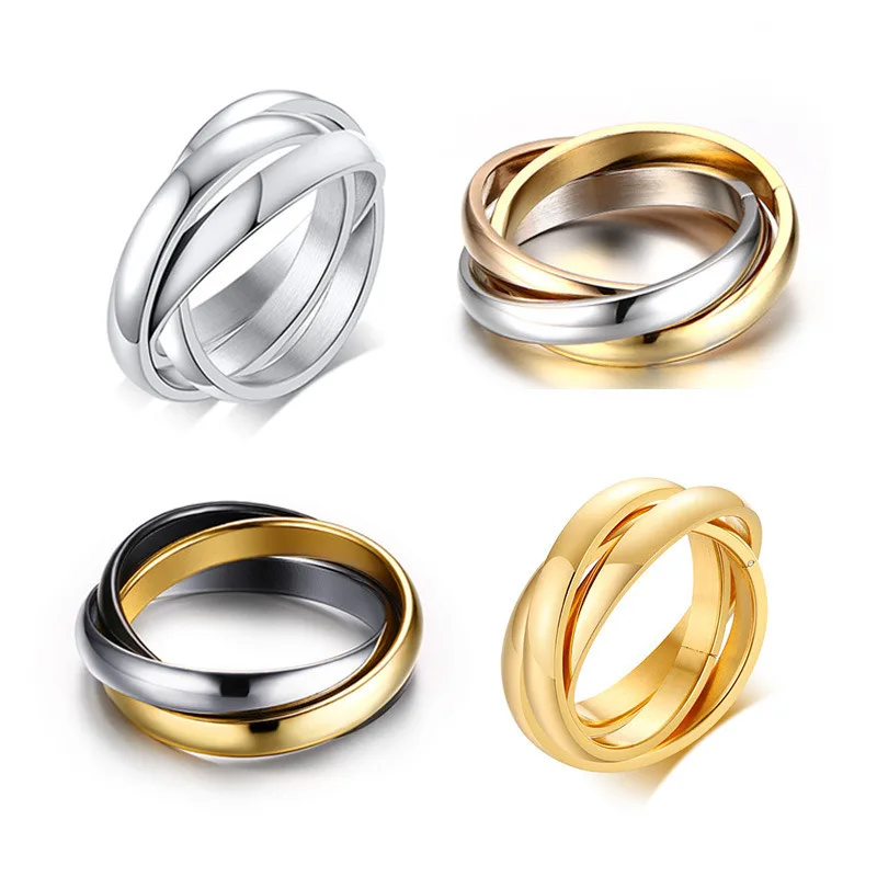 여성을위한 스테인레스 스틸 연동 트리플 링 멀티 컬러 웨딩 밴드 Bague Three in One title=여성을위한 스테인레스 스틸 연동 트리플 링 멀티 컬러 웨딩 밴드 Bague Three in One 