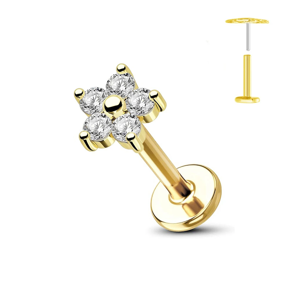 ASTM F136 G23 티타늄 꽃 나사없는 귀걸이 피어싱 꽃잎 잎 하트 나비 핀 Daith Conch Push in Labret Stud
