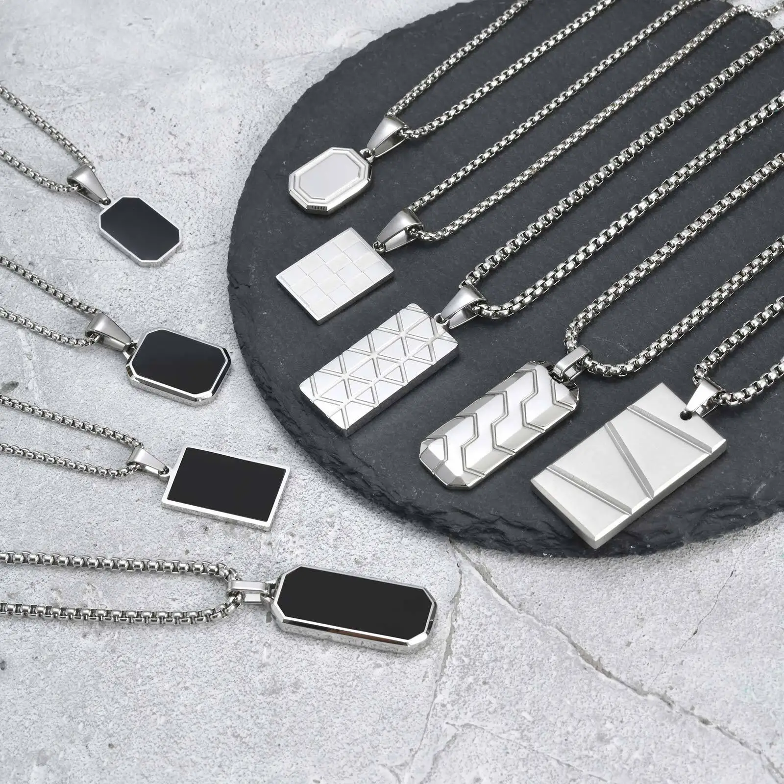 남자 소년을위한 Vnox 작은 Dogtags 펜던트 목걸이, 블랙 실버 컬러 스테인레스 스틸 군사 개 태그 상자 체인 선물 그에게