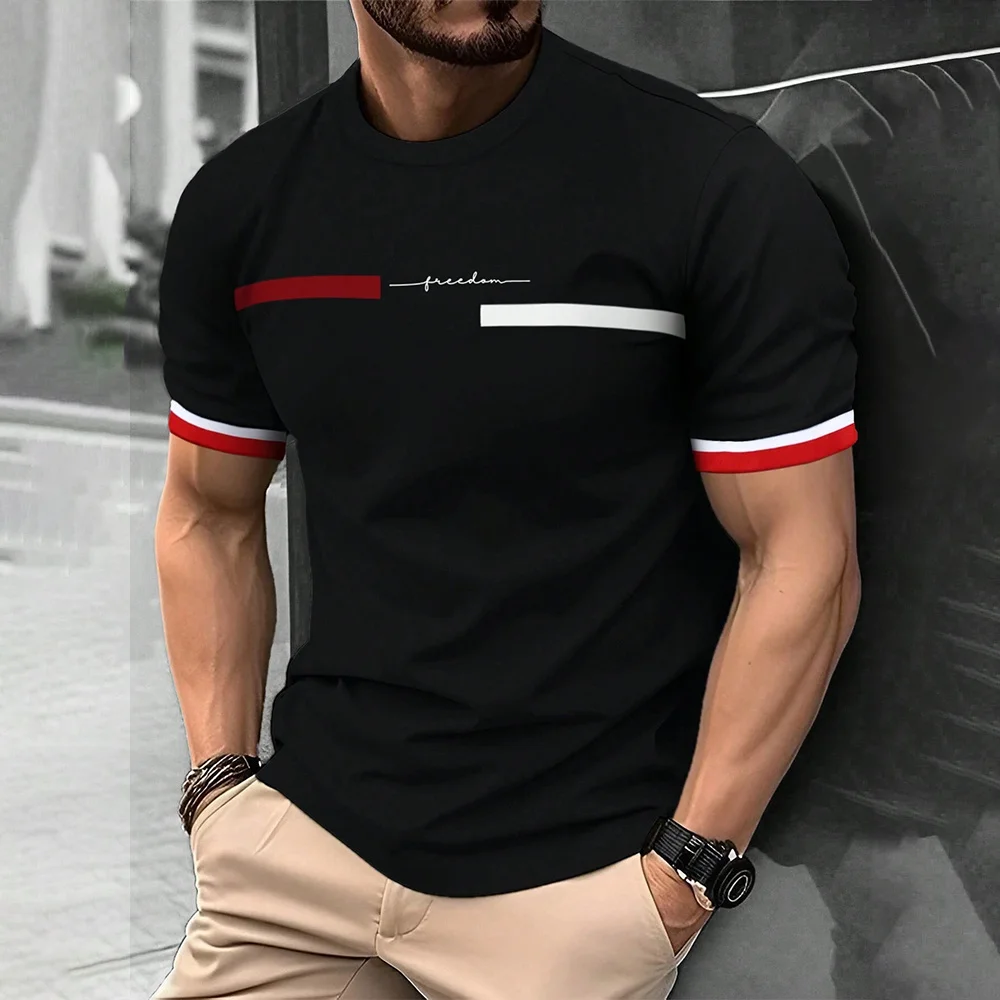 남성용 3D 스트라이프 레터 프린트 티셔츠, 힙합 트렌드, 하라주쿠 스트리트웨어, 캐주얼 O넥 오버사이즈 티셔츠, 남성 상의, 여름 패션
