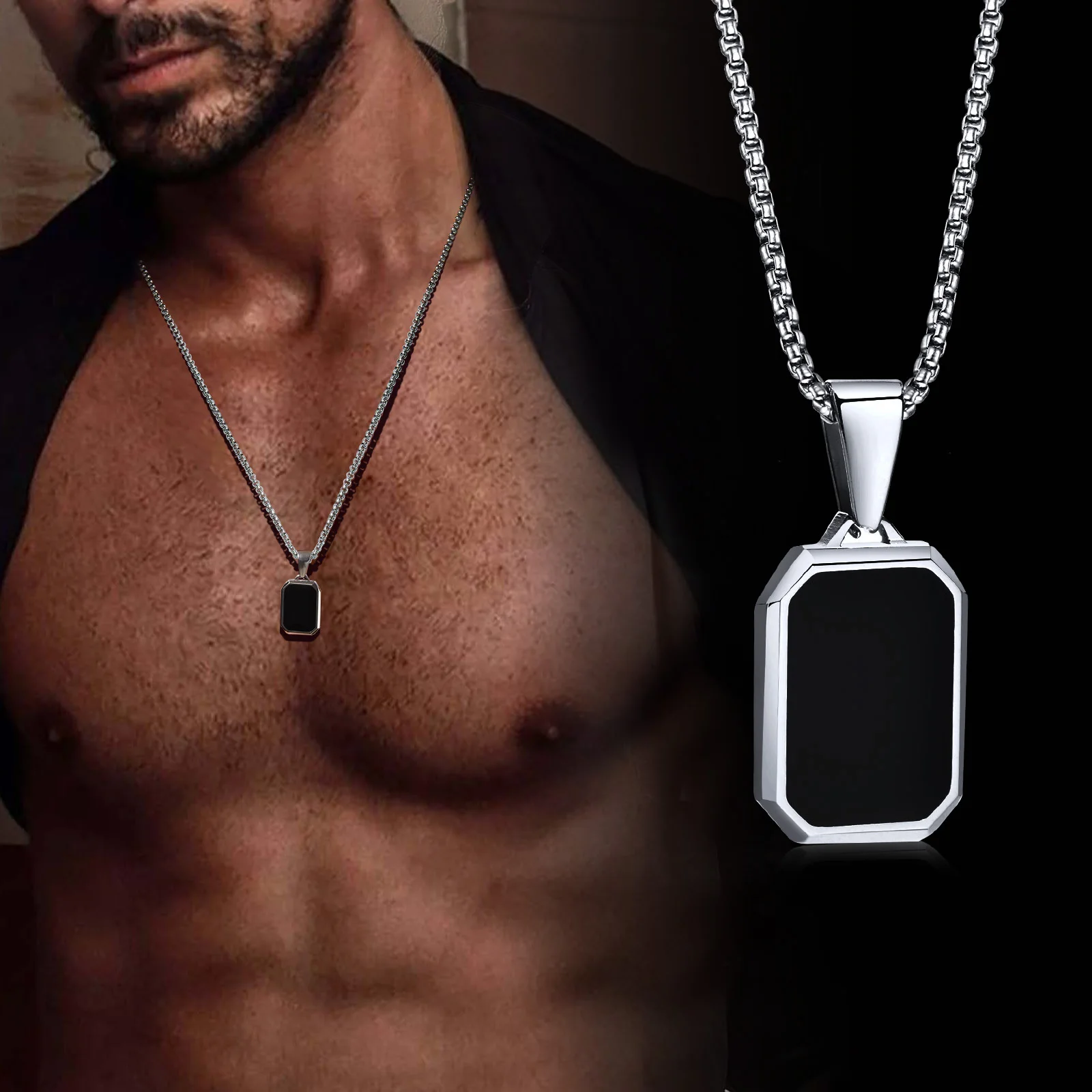 남자 소년을위한 Vnox 작은 Dogtags 펜던트 목걸이, 블랙 실버 컬러 스테인레스 스틸 군사 개 태그 상자 체인 선물 그에게