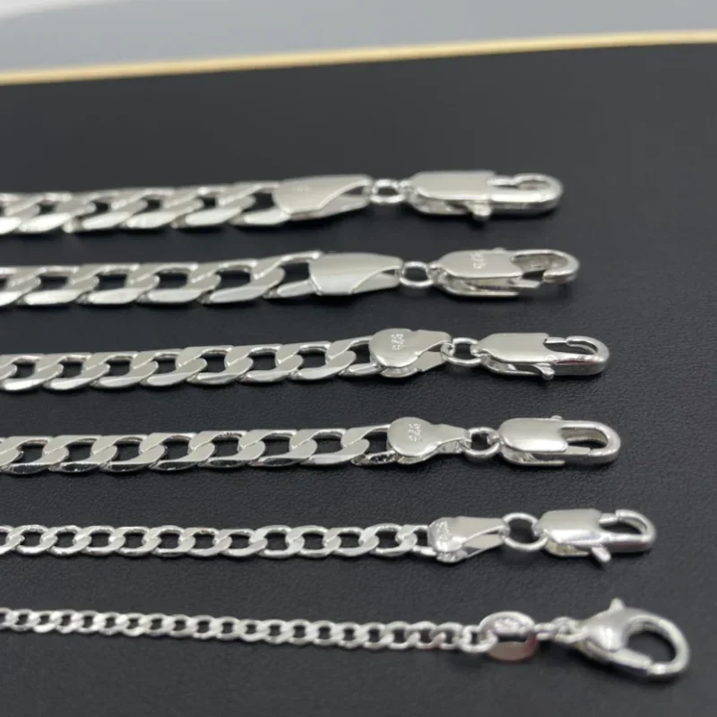 남자 925 스털링 실버 목걸이 2/4/6/8/10/12MM 40-75cm 페이스 체인 목걸이 랍스터 걸쇠 남자 여자 약혼 보석 선물