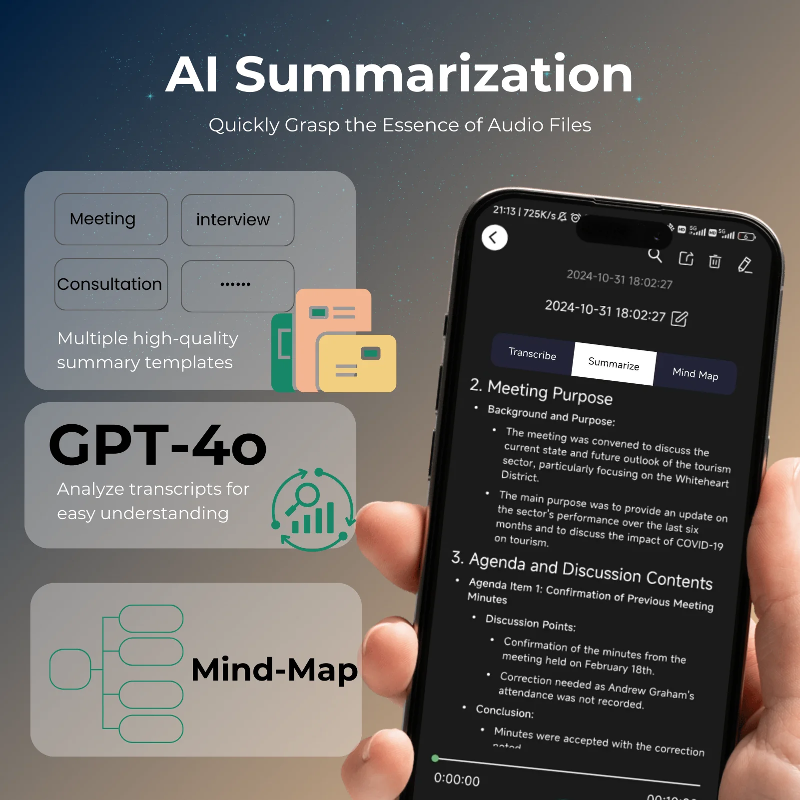 AI 기술이 적용된 음성 녹음기 및 통화 녹음기, 음성 텍스트 변환, 번역 및 요약 기능, 한국어를 포함한 100개 언어 지원, 64GB 저장 용량