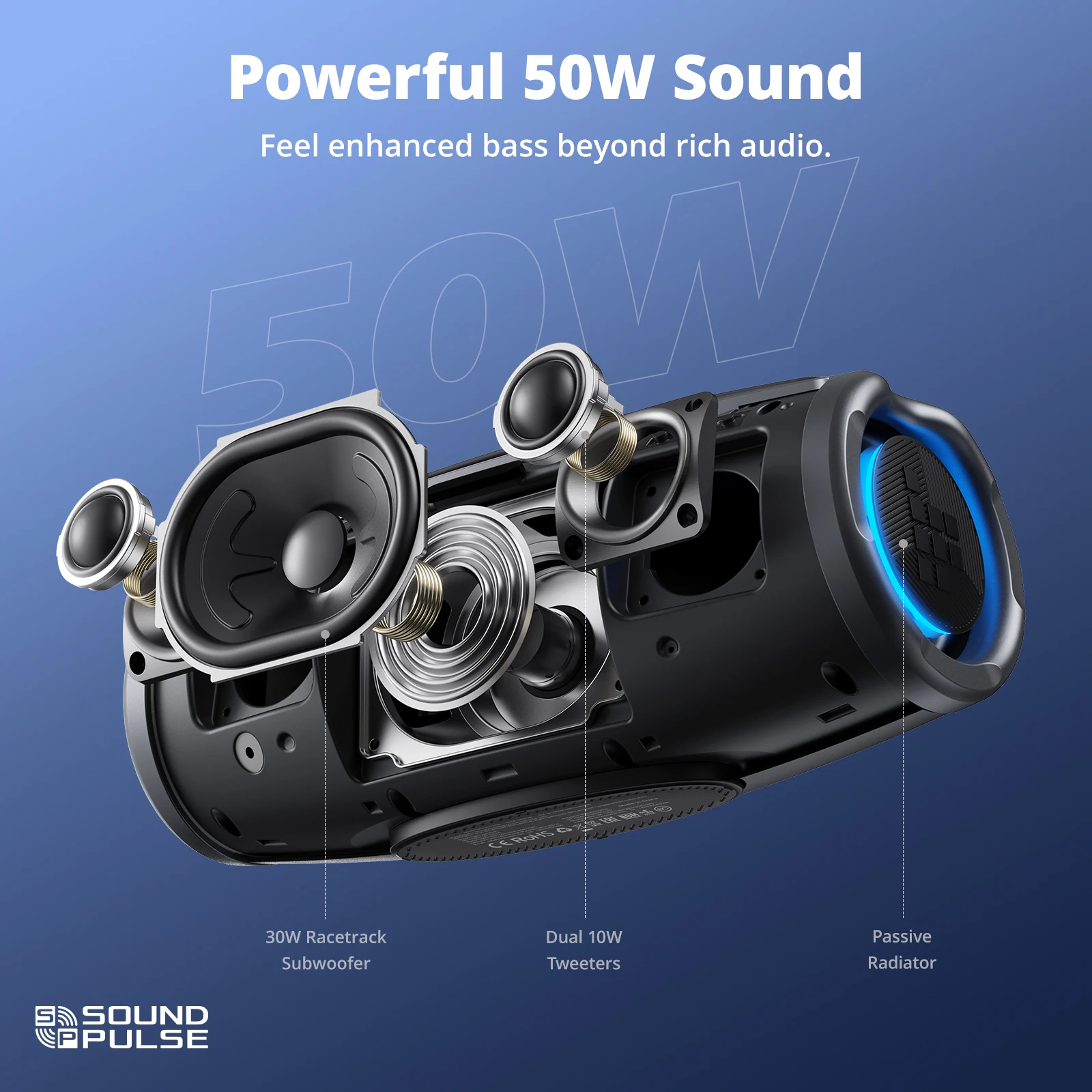 Tronsmart Mirtune S100 스피커 50W 블루투스 스피커, IPX7 방수, 앱 제어, 내장 파워뱅크 및 접이식 핸들