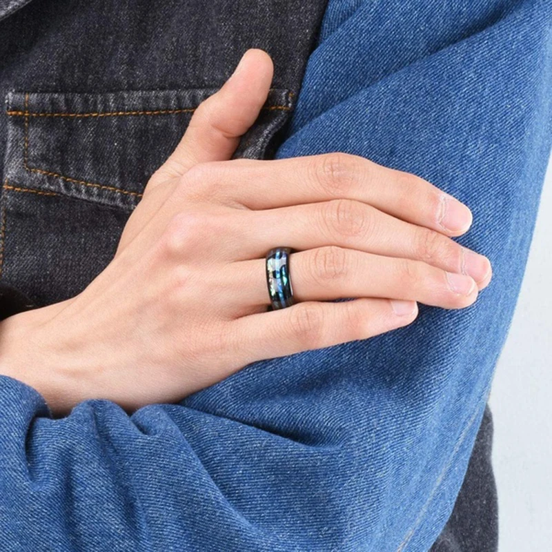 패션 8mm 로즈 골드 컬러 텅스텐 웨딩 남자 스테인레스 스틸 반지 상감 전복 쉘 블루 오팔 반지 남자 웨딩 쥬얼리