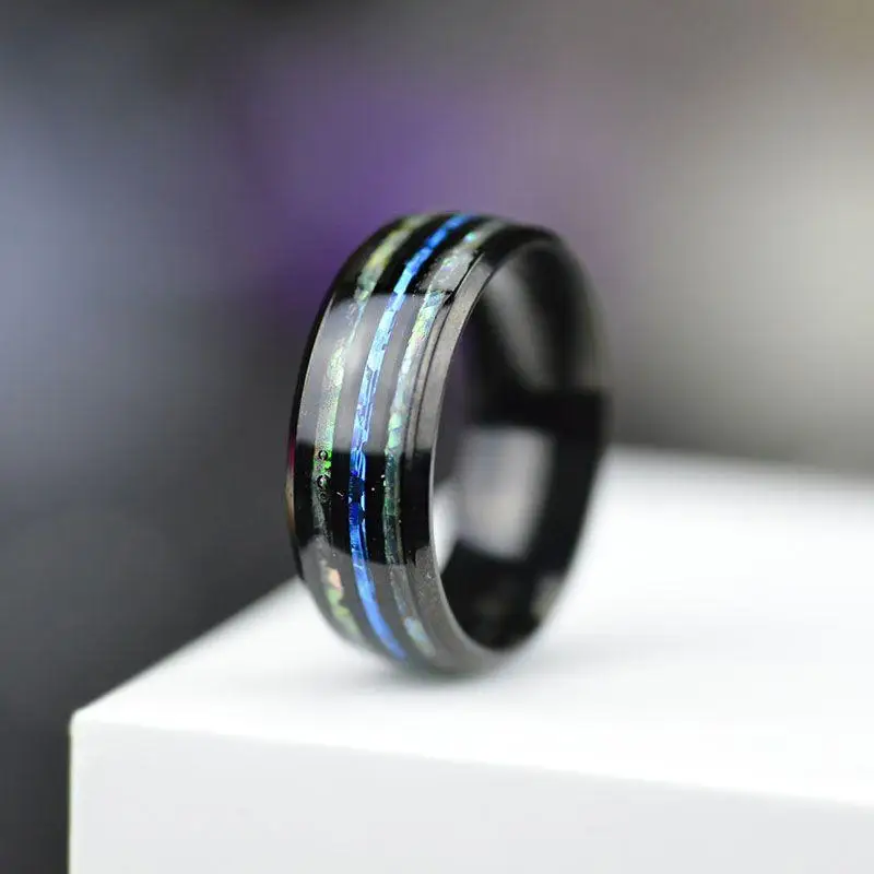 패션 8mm 로즈 골드 컬러 텅스텐 웨딩 남자 스테인레스 스틸 반지 상감 전복 쉘 블루 오팔 반지 남자 웨딩 쥬얼리