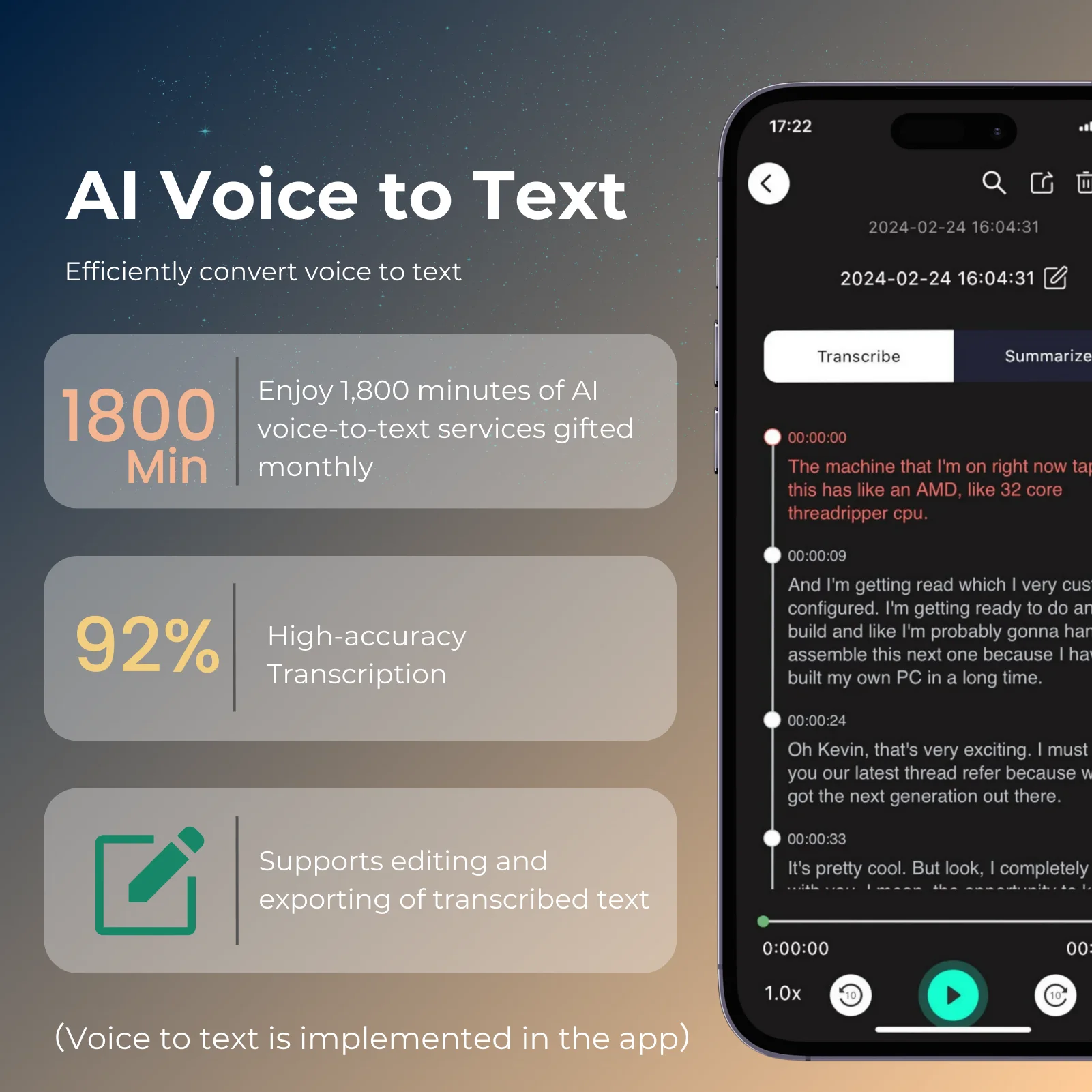 AI 기술이 적용된 음성 녹음기 및 통화 녹음기, 음성 텍스트 변환, 번역 및 요약 기능, 한국어를 포함한 100개 언어 지원, 64GB 저장 용량