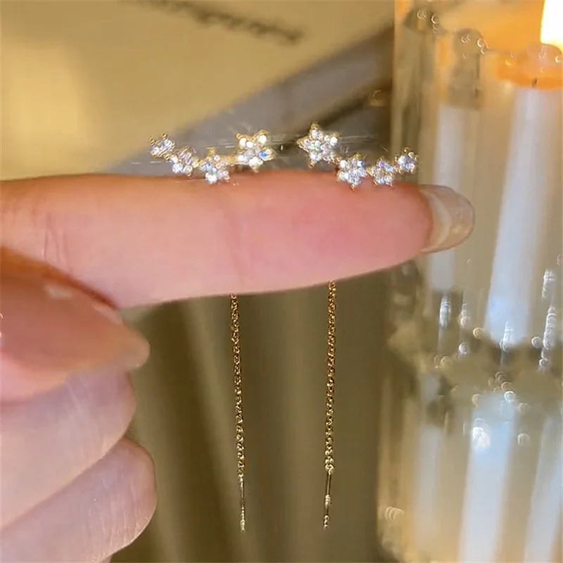 트렌디 한 긴 와이어 술 스레드 체인 등반 스타 하트 비즈 펜던트 드롭 귀걸이 여성 스트레이트 매달려 Earings 쥬얼리