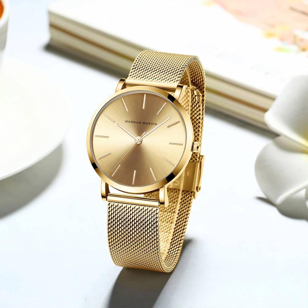 한나 마틴 브랜드 품질 스테인레스 스틸 일본 석영 운동 방수 여성 36mm 전체 로즈 골드 숙녀 Dropshipping 시계