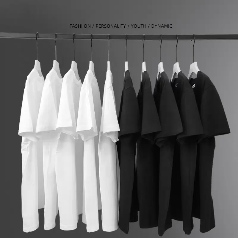 220gsm 헤비 플러스 사이즈 남성용 무지 반팔 티셔츠 여름 고품질 코튼 솔리드 컬러 트렌디 캐주얼 화이트 블랙 상의