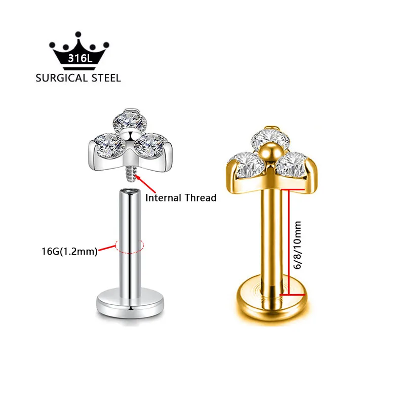 꽃 달 나비 Labret 스터드 크로스 클로 리프 Daith Conch 스터드 귀걸이 크라운 CZ 립 내부 스레드 피어싱 외과 강철