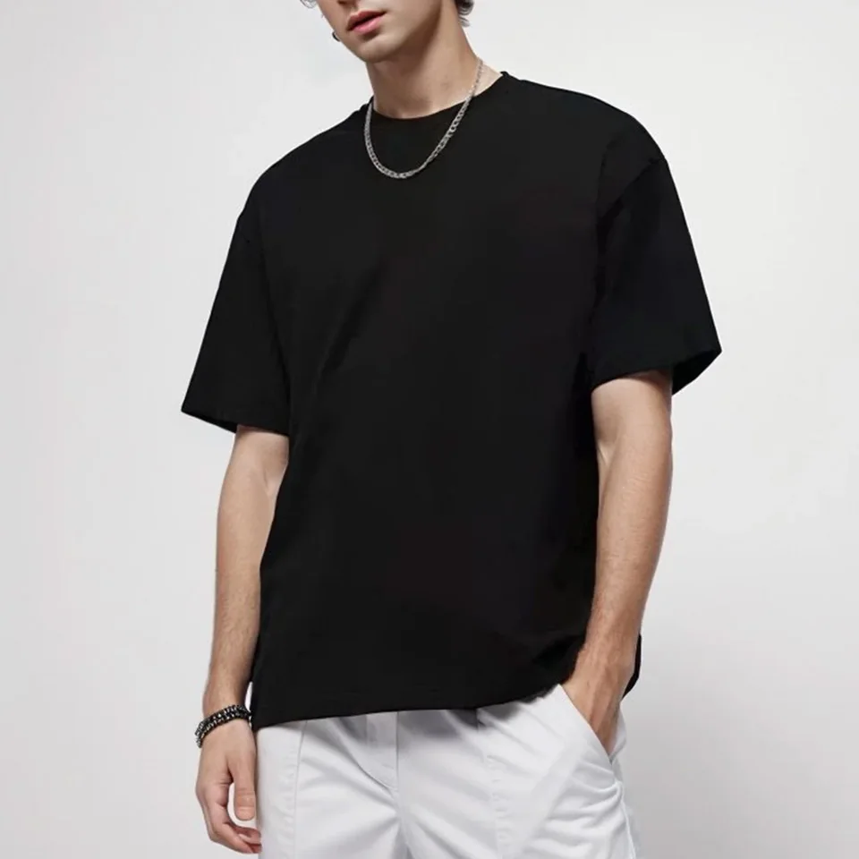 220gsm 헤비 플러스 사이즈 남성용 무지 반팔 티셔츠 여름 고품질 코튼 솔리드 컬러 트렌디 캐주얼 화이트 블랙 상의